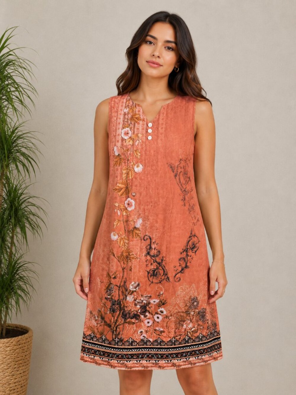 Romantic Boho Botanical Print A-Line Dress Terracotta Baroque Floral Midi L